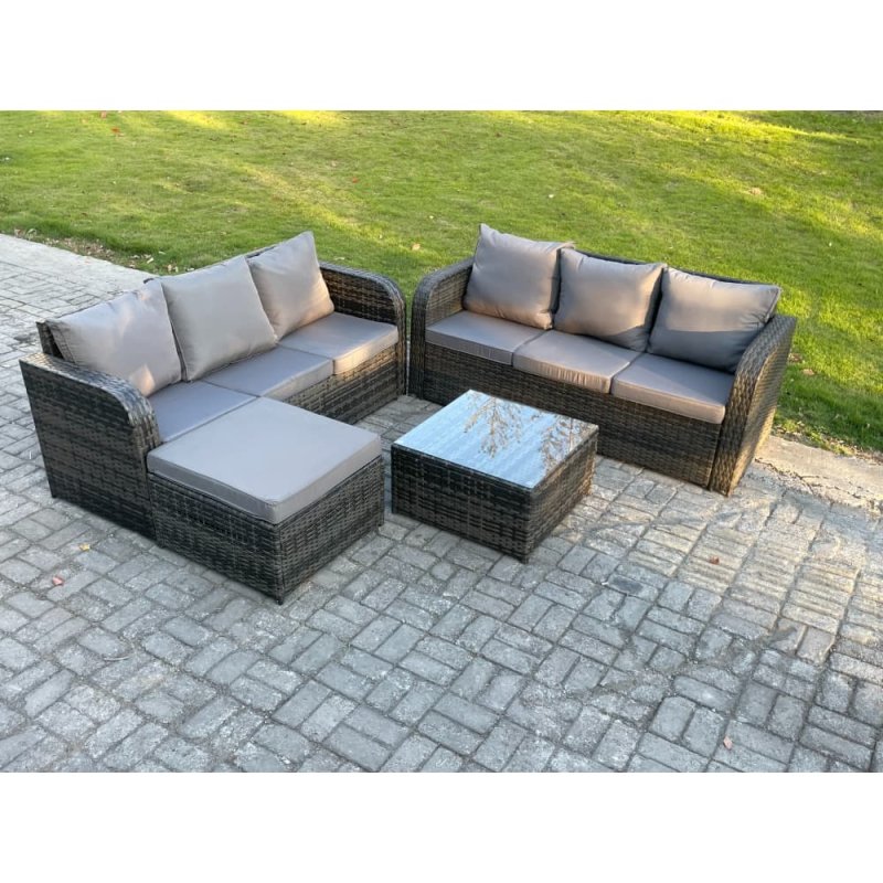 Fimous Indoor Outdoor Rattan Garden Furniture 7 Seater Set Table Sofa Chair Patio Conservatory with Grey Cushions Big Footstool