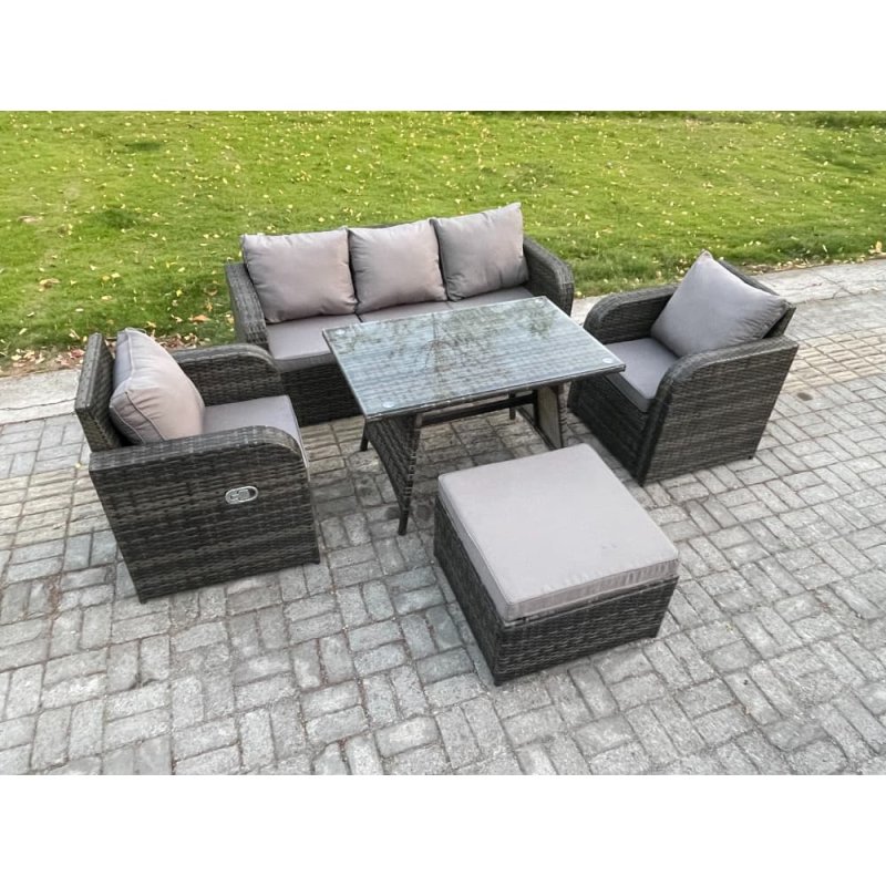 Fimous Rattan Wicker Garden Furniture Patio Conservatory Sofa Set with Rectangular Dining Table Reclining Chair 3 Seater Sofa Big Footstool