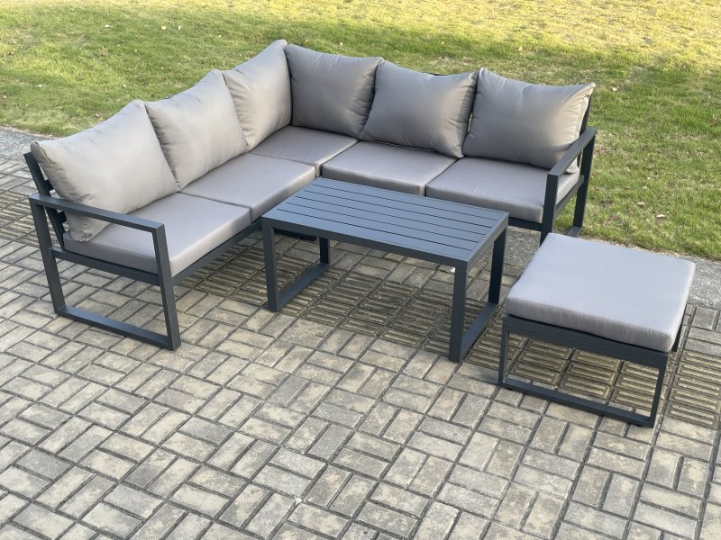 Fimous Aluminium Outdoor Garden Furniture Set Lounge Sofa Oblong Coffee Table Sets with Big Footstool Indoor Conservatory Set Dark Grey
