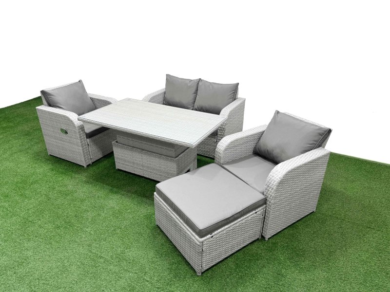 Fimous Light Grey PE Wicker Rattan Garden Furniture Set Sofa Set Reclining Chair Adjustable Lifting Dining or Coffee Table 5 Seater With Footstool