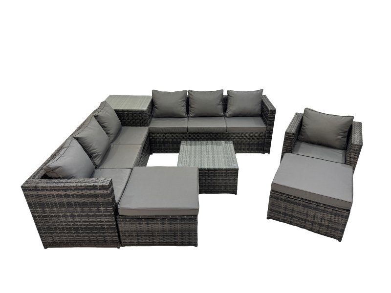 Fimous 9 Seater Garden Outdoor Rattan Furniture Set Patio Corner Sofa Coffee Table with Side Table 2 Big Stool Dark Grey