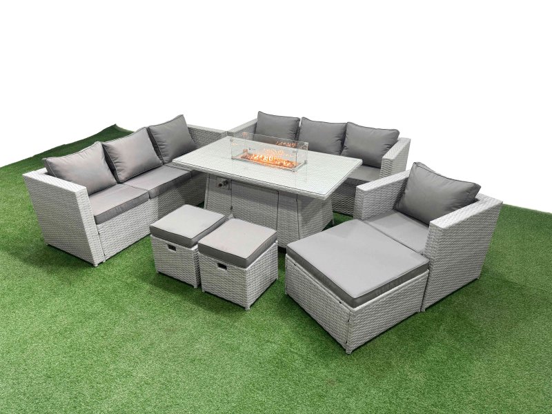Fimous 10 Seat PE Rattan Lounge Sofa Set Outdoor Garden Furniture Set with Firepit Dining Table 3 Seater Sofa 3 Stools Light Grey