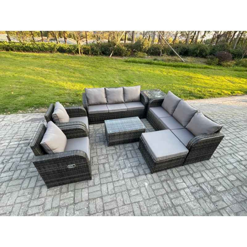 Fimous Rattan Outdoor Garden Furniture Sofa Set Patio Table & Chairs Set with 3 Seater Sofa Reclining Chair Big Footstool Side Table Dark Grey Mixed