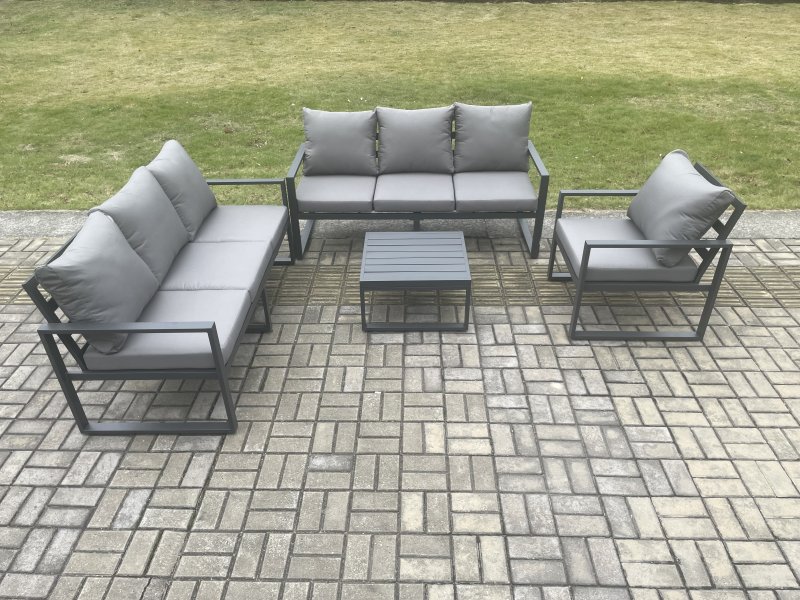 Fimous Aluminium 7 Seater Outdoor Garden Furniture Lounge Sofa Set with Square Coffee Table Chair Dark Grey