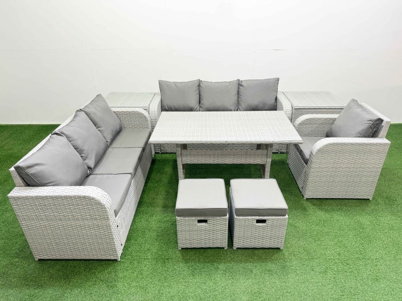 Fimous 9 Seater Poly Rattan Outdoor Garden Furniture Rectangular Dining Table Sofa Set Patio 3 Seater Sofa Reclining Chair 3 Seater Sofa Stools 2 Side Table Light Grey