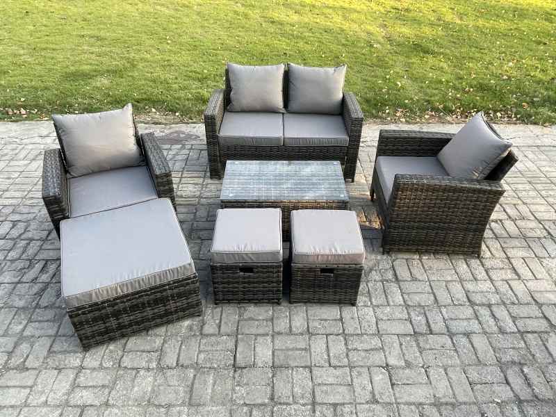 Fimous 7 Seater Outdoor Lounge Sofa Set Wicker PE Rattan Garden Furniture Set with Rectangular Coffee Table Double Seat Sofa 3 Footstools Dark Grey Mixed