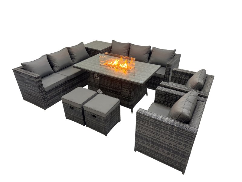 Fimous 10 Seater Garden Outdoor Rattan Furniture Set Patio Corner Sofa Gas Firepit Dining Table with Side Table 2 Small Stools Dark Grey