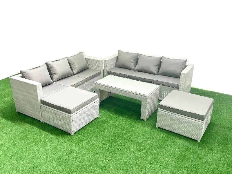 Fimous 8 Seater Garden Outdoor Rattan Furniture Set Rattan Garden Sofa Oblong Coffee Table with 2 Big Footstools Light Grey Mixed