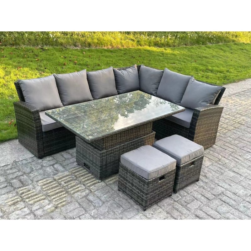 Fimous High Back Rattan Garden Furniture Corner Sofa Sets Adjustable Rising Table Dark Mixed Grey 8 seater right corner