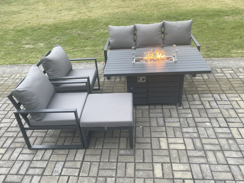 Fimous Aluminium Outdoor Garden Furniture Set Gas Fire Pit Dining Table Set Gas Heater Burner with 2 Arm Chair Big Footstool Dark Grey 6 Seater