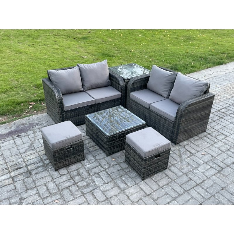 Fimous Rattan Sofa Set Outdoor Garden Furniture Set with Square Coffee Table Loveseat Sofa 2 Small Footstool Side Table Dark Grey Mixed