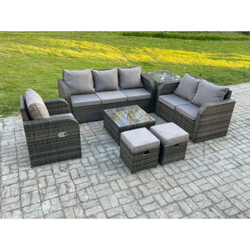 Fimous Rattan Garden Furniture 7 Piece Patio Set With Table Sofa Square Coffee Table Reclining Chair Love seat sofa Side Table 2 Small Footstools