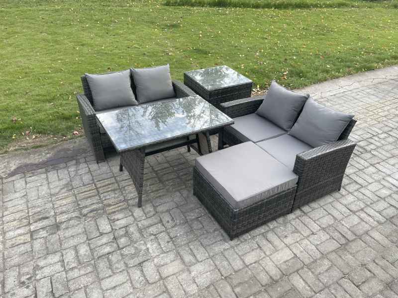 Fimous Garden Furniture Sets 5 Pieces Wicker Rattan Furniture Manual Wicker Patio Sofa Patio Conversation Set with Side Table Big Footstool Dark Grey Mixed