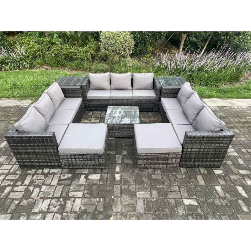Fimous Outdoor Rattan Garden Furniture Set Patio Lounge Sofa Set with 2 Side Tables Square Coffee Table 2 Big Footstool Dark Grey Mixed