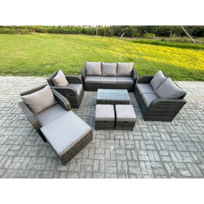 Fimous Patio Garden Furniture Sets Wicker 10 Seater Outdoor Rattan Furniture Sofa Sets with Rectangular Coffee Table Reclining Chair Loveseat Sofa 3 Footstools