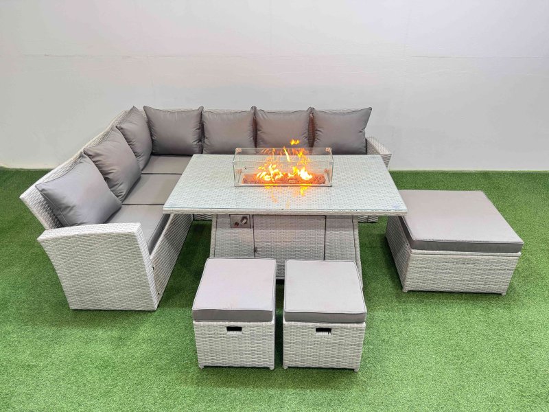 Fimous 9 Seat Rattan Garden Furniture Corner Sofa Set Outdoor Gas Fire Pit Table Sets with 3 Footstools Light Grey