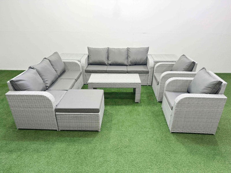 Fimous PE Rattan High Back Lounge Sofa Set Patio Oblong Coffee Table & Chairs Set with 3 Seater Sofa Reclining Chair Big Footstool 2 Side Table Light Grey