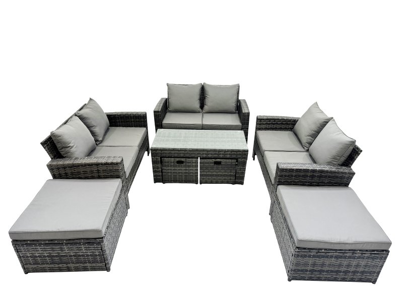 Fimous Outdoor Love Sofa Set 10 Seat Rattan Garden Furniture Set with Oblong Coffee Table 4 Stools Dark Grey Mixed