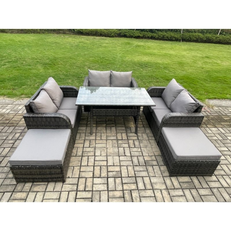 Fimous Patio Rattan Garden Furniture Set with Oblong Rectangular Dining Table 2 Big Footstool 8 Seater Outdoor Lounge Loveseat Sofa Set Dark Grey Mixed