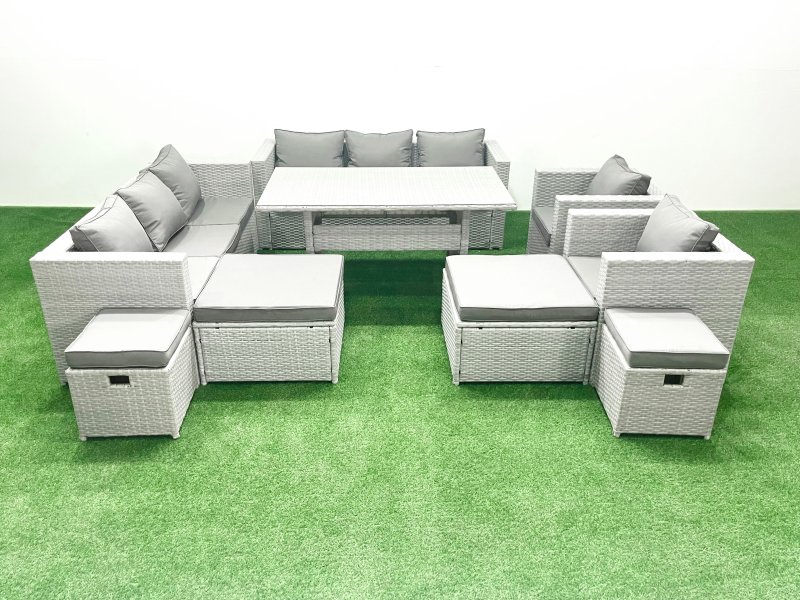 Fimous Rattan Garden Furniture Dining Set 12 Seater Lounge Sofa Chair Dining Table Set with 4 Footstools Light Grey Mixed