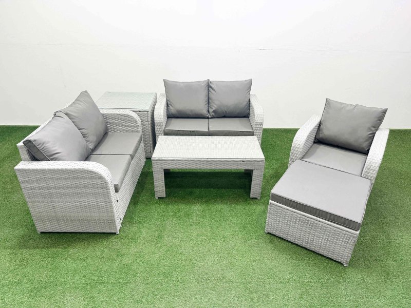 Fimous High Back Poly Rattan Garden Furniture Set with Reclining Chair Loveseat Sofa Oblong Coffee Table Indoor Outdoor Patio Set Big Stool Side Table Light Grey