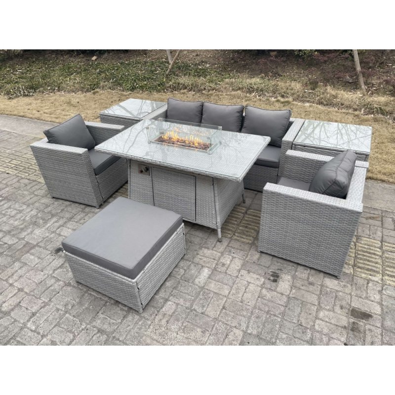 Fimous Rattan Garden Furniture Set Gas Fire Pit Lounge Sofa Chair Dining Set With 2 Side Table And 2 PC Arm Chair Footstool
