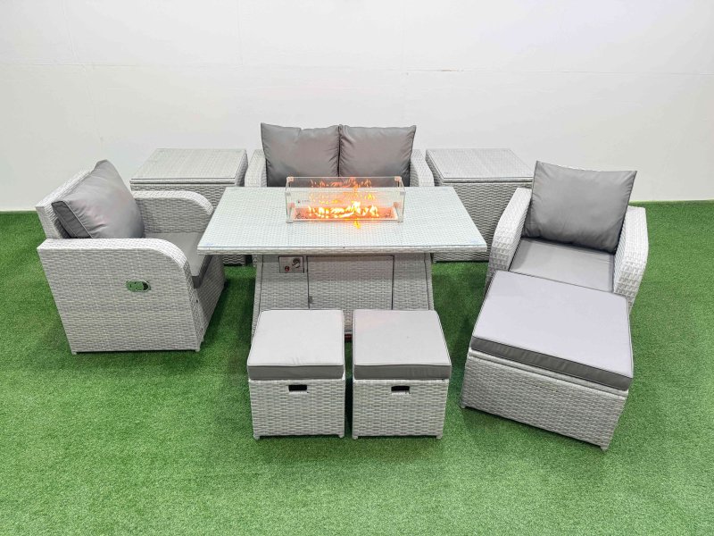 Fimous Light Grey PE Wicker Rattan Garden Furniture Set Sofa Set Reclining Chair Firepit Dining Table 7 Seater 3 Stools 2 Side Table