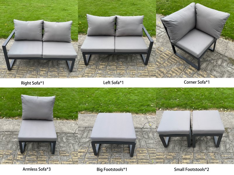 Fimous 9 Pieces Aluminium Garden Furniture Set with Cushions, Patio Furniture Set with Adjustable Rising Lifting Dining Table 2 Big Footstools Dark Grey