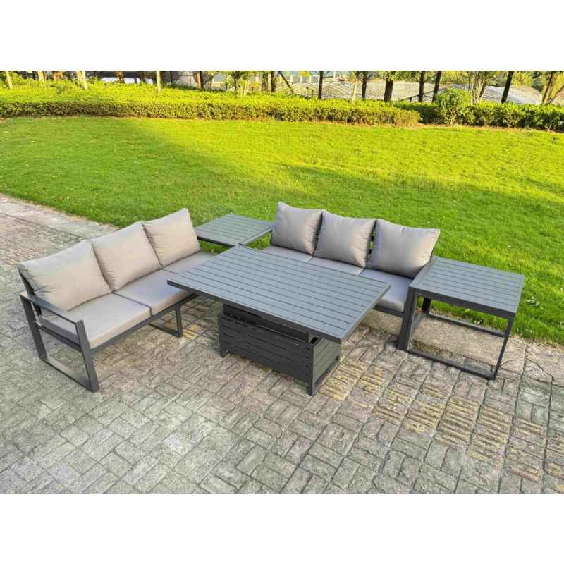 Fimous 4 Pieces Garden Furniture Set Aluminium Adjustable Rising Lifting Dining Table and Sofa Set with Side Table Dark Grey