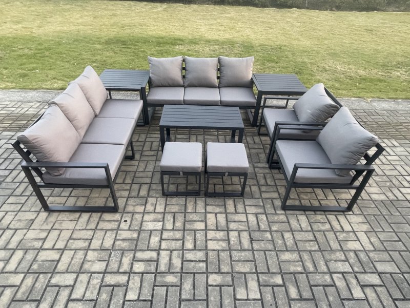 Fimous Aluminium Outdoor Garden Furniture Lounge Sofa 2 PC Chairs Oblong Coffee Table Sets with 2 Side Tables 2 Small Footstool Dark Grey