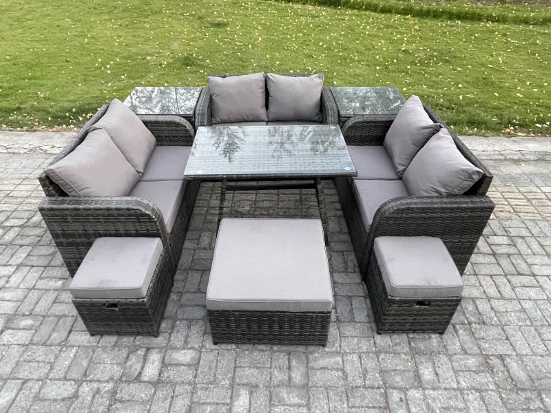 Fimous Outdoor Rattan Garden Furniture Set Patio Love Sofa Set with Rectangular Dining Table 3 Footstools 2 Side Tables Dark Grey Mixed