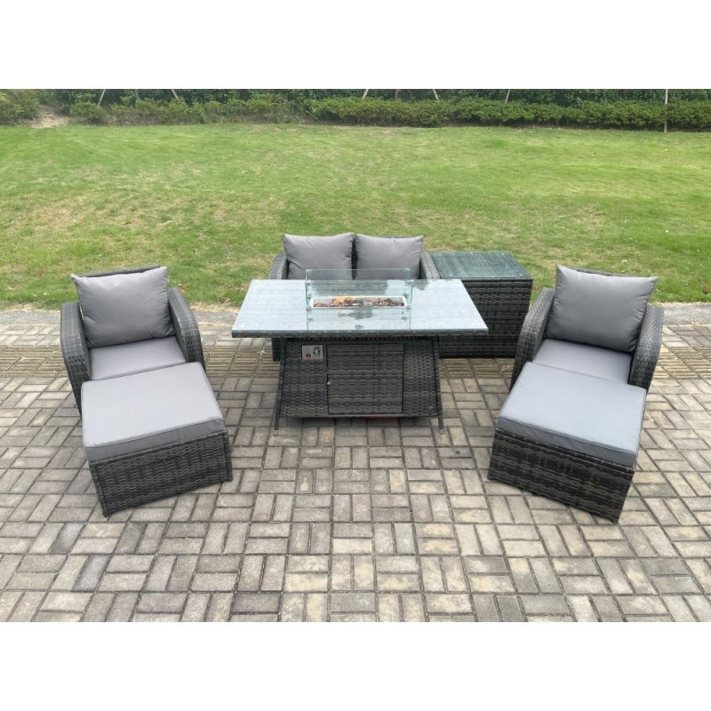 Fimous Rattan Garden Furniture Set Outdoor Patio Gas Fire Pit Dining Table and Chairs with Love seat Sofa 2 Footstools Side Table