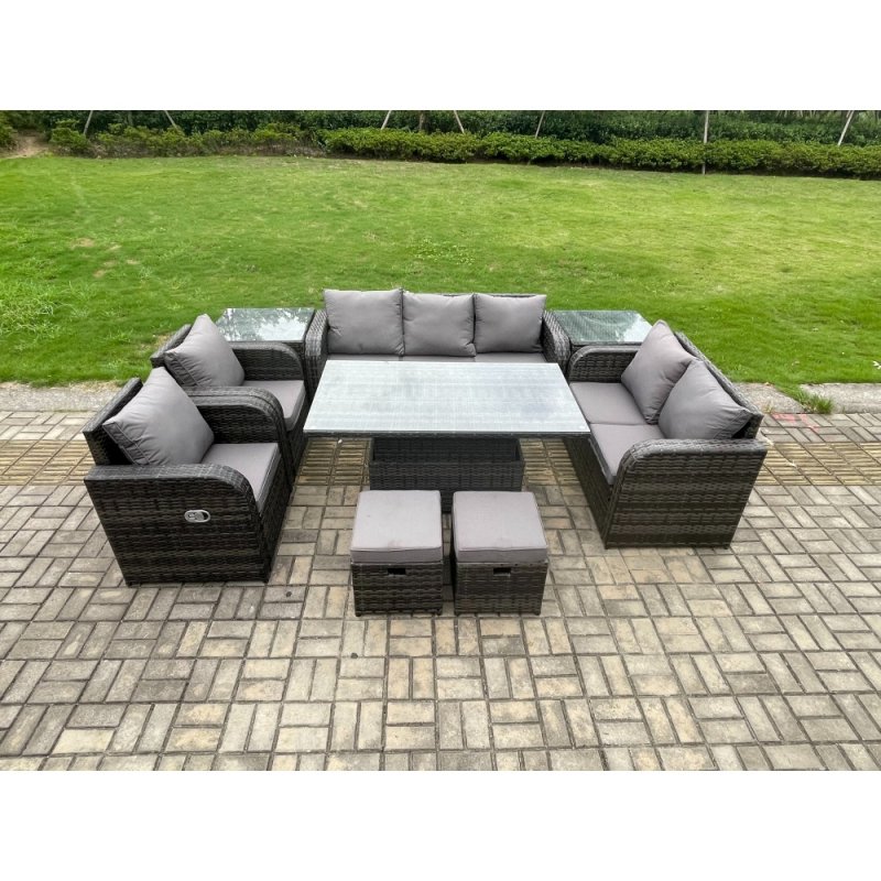 Fimous Wicker PE Rattan Outdoor Garden Furniture Sets Height Adjustable Rising lifting Dining Table Reclining Chair Sofa Set with 2 Side Tables 2 Small Footstools Dark Grey Mixed