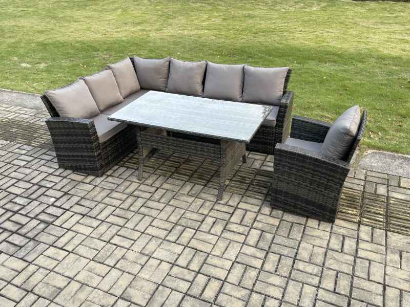 Fimous 7 Seater Garden Rattan Furniture Corner Dining Set Indoor Outdoor Lounge Sofa Set Dark Grey Mixed