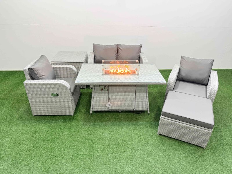 Fimous Light Grey PE Wicker Rattan Garden Furniture Set Sofa Set Reclining Chair Firepit Dining Table 5 Seater With Footstool Side Table