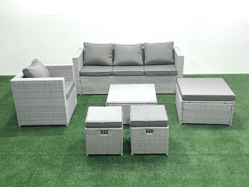 Fimous 6 Seater Rattan Garden Furniture Set with 3 Seater Sofa Chair Square Coffee Table 3 Footstools Light Grey Mixed