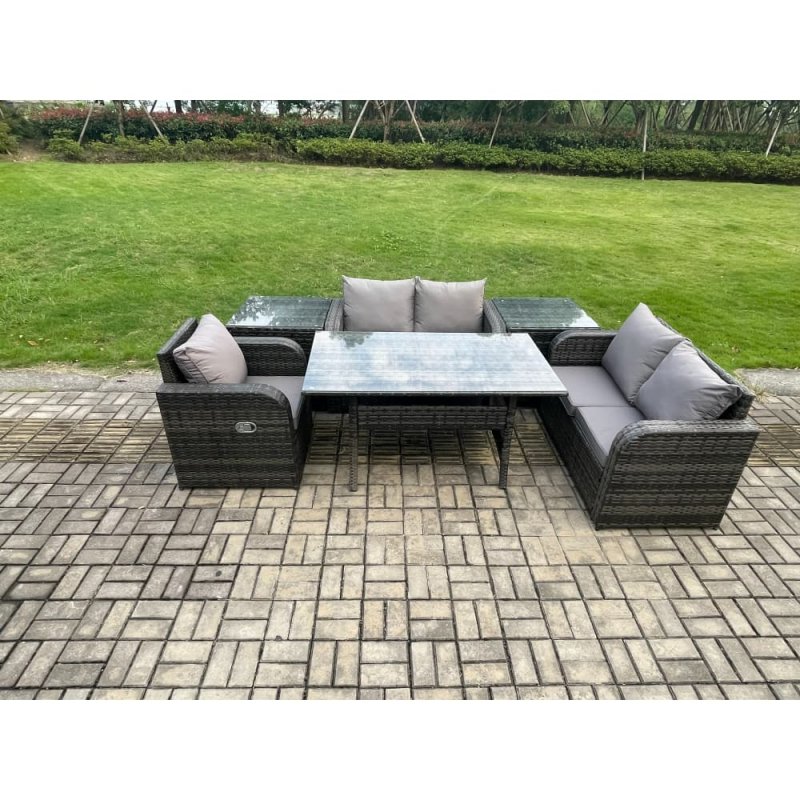 Fimous Lounge Rattan Sofa Set Outdoor Garden Furniture Oblong Rectangular Dining Table With Chairs 2 Side Tables Dark Grey Mixed