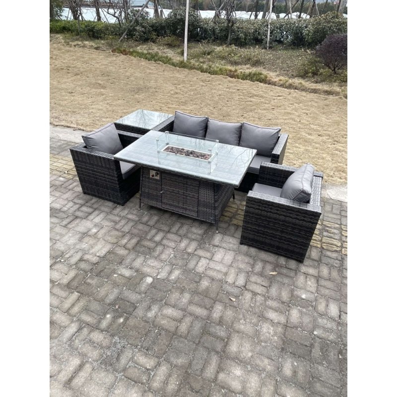 Fimous Outdoor PE Rattan Garden Furniture Gas Fire Pit Dining Table Armchairs With Side Coffee Table Dark Grey Mixed