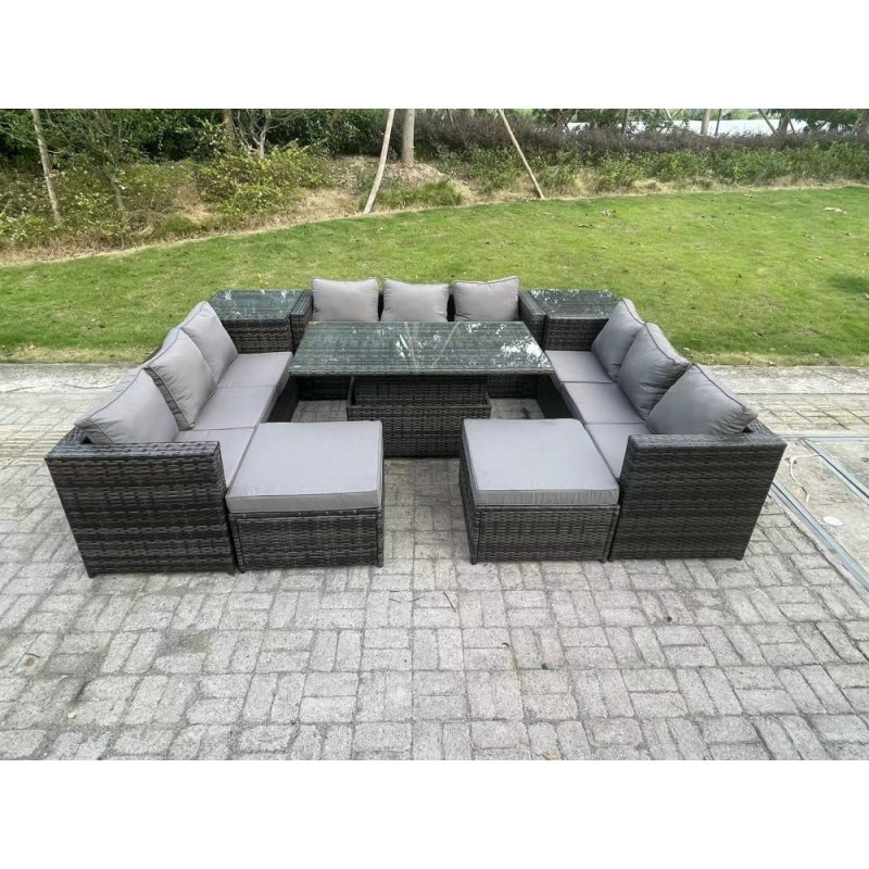 Fimous Wicker PE Rattan Garden Furniture Sofa Set Outdoor Adjustable Rising Lifting Dining Table Set with 2 Side Tables 2 Footstools 11 Seater Dark Grey Mixed