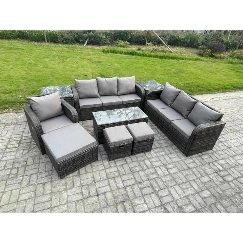 Fimous Outdoor Lounge Sofa Set 10 Seater Rattan Garden Furniture Set with Rectangular Coffee Table 3 Footstools 3 Seater Sofa 2 Side Tables Dark Grey Mixed