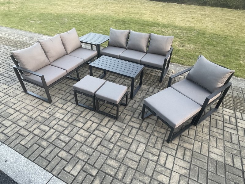 Fimous Aluminium 8 Pieces Garden Furniture Set with Cushions 10 Seater Outdoor Patio Lounge Sofa Set with Armchair 3 Footstools Side Table Dark Grey