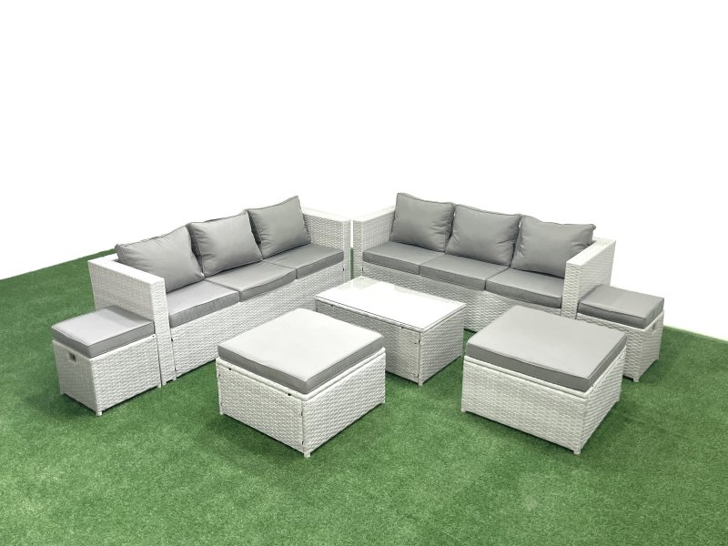 Fimous 7 Pieces Rattan Garden Furniture Set Outdoor Garden Sofa Coffee Table Set with 4 Footstools Light Grey Mixed