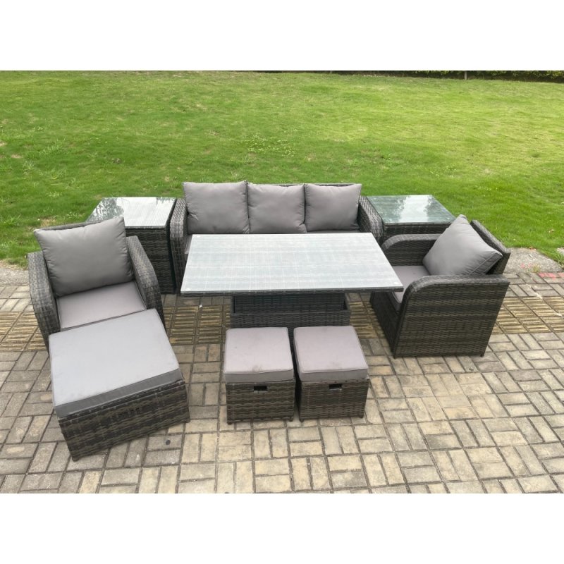 Fimous Outdoor Rattan Furniture Sofa Garden Dining Sets Height Adjustable Rising lifting Table and Chair Set With 2 Side Tables 3 Footstools