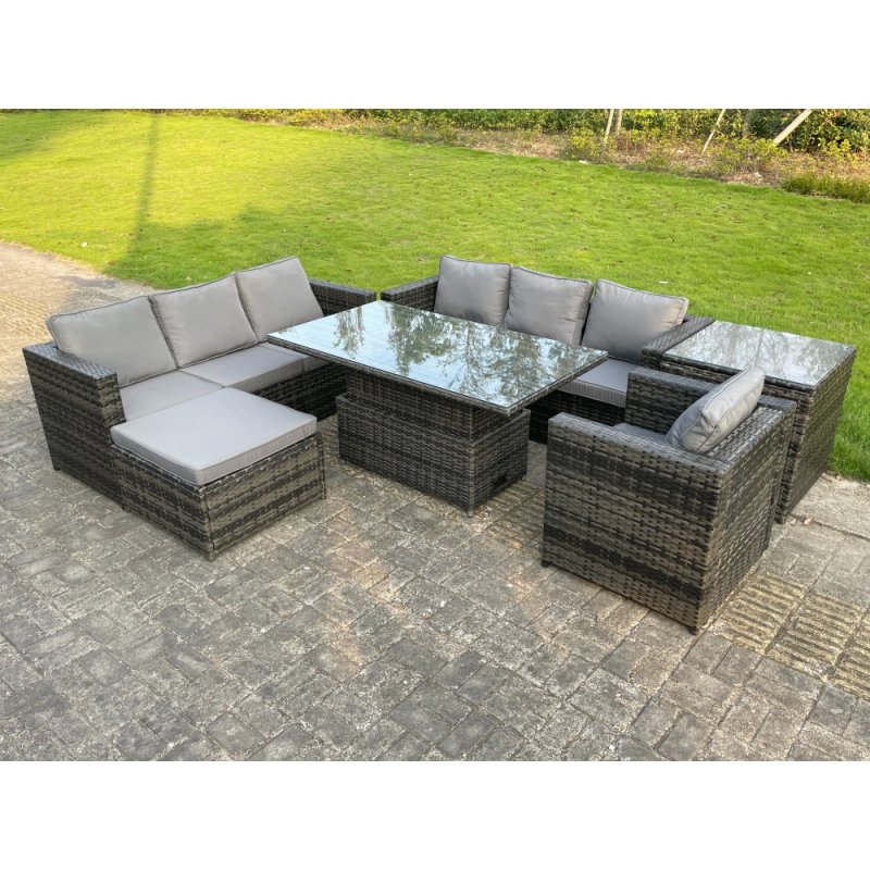 Fimous 8 Seater?Outdoor Rattan Sofa Set Adjustable Rising Lifting Side Tables Chairs Footstool Dark Grey Mixed