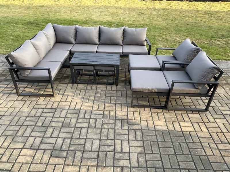 Fimous Aluminium Outdoor Garden Furniture Set Patio Lounge Sofa with Oblong Coffee Table Chair 2 Small Footstools Big Footstool Dark Grey