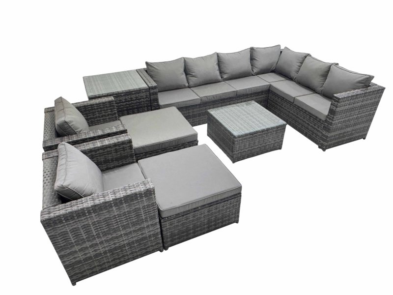 Fimous Outdoor PE Rattan Garden Furniture Sofa Set with Square Coffee Table 2 Big Stools Side Table Dark Grey