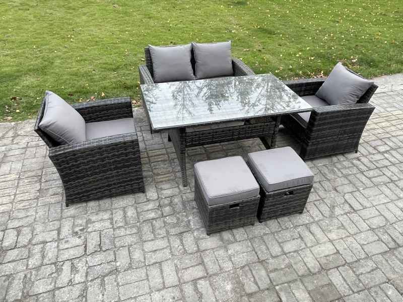 Fimous 6 Seater PE Wicker Outdoor Garden Furniture Set Patio Furniture Rattan Rectangular Dining Table Lounge Sofa with 2 Small Footstools