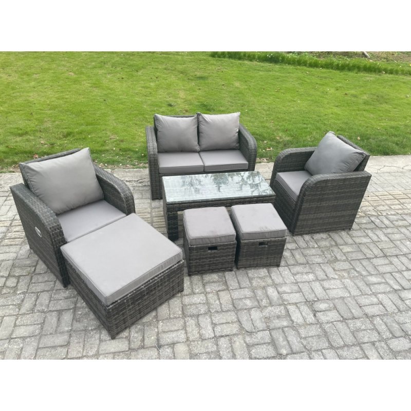 Fimous 7 Seater Rattan Lounge Sofa Set Outdoor Garden Furniture Set with Rectangular Coffee Table Love Sofa 3 Footstools Dark Grey Mixed