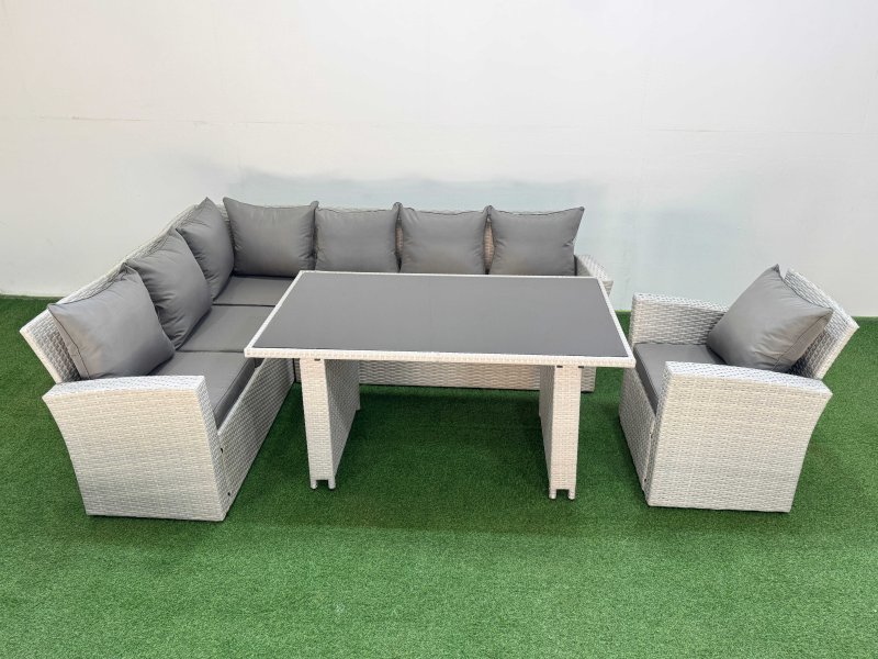 Fimous 7 Seater Wicker Rattan Corner Sofa Sets Outdoor Garden Furniture Sets with Rectangular Dining Table Lounge Sofa Armchair Light Grey