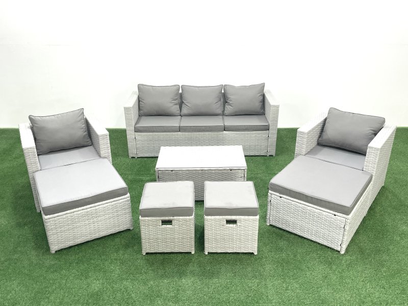 Fimous 8 Pieces Rattan Garden Furniture Set Outdoor Garden Sofa Chair Coffee Table Set with 4 Footstools Light Grey Mixed